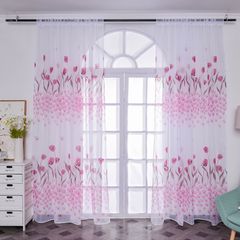 Tulip Print Window Curtain - Adhesive Printed Curtain for Bedroom & Balcony Divider, 100cm x 270cm, Rod Pocket Installation Pink 1*Panel