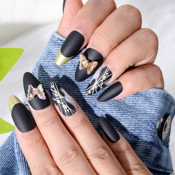24pcs Fake Nails Suitable for summer Reusable Stick On Nails Press on Full Cover False Nail Tips with Jelly Stickers ,Nail Beauty Finger Manicure Color Gold