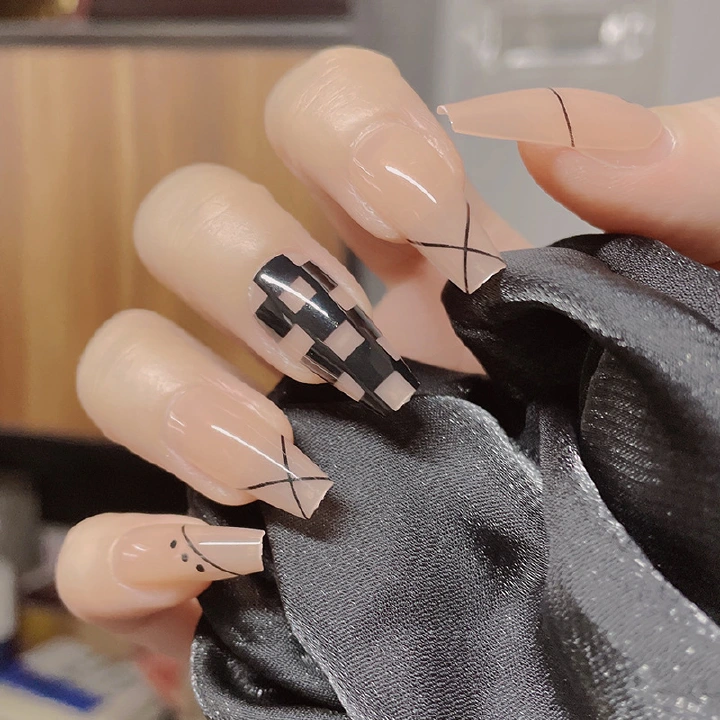 New 24pcs Summer Fake Nails Suitable   Reusable Stick On Nails Press on Full Cover False Nail Tips ,Nail Beauty Finger Manicure ,INS style Nail Stickers.