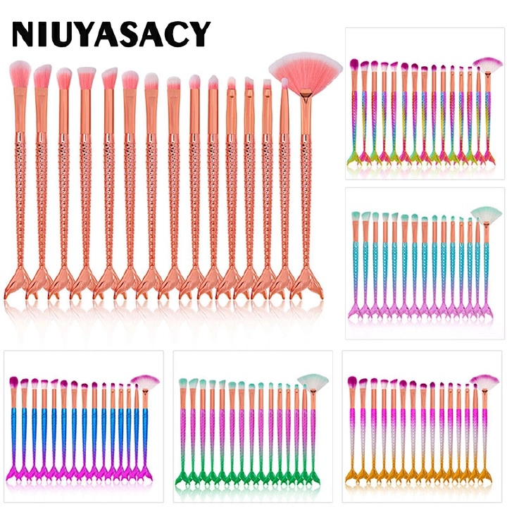 NIUYASACY 15PCS Mermaid Eye Makeup Brush Set Gradient Blue Fishtail Eyeshadow Brush Foundation Brush Concealer Beauty Tools Makeup Tools for Beginners