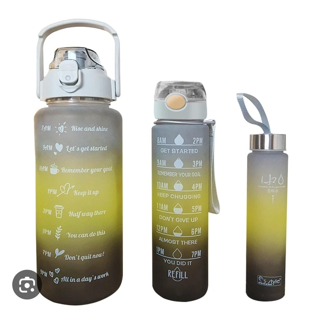 3 in 1 Motivational water bottle with time stamps, leak proof cup with straw and safety lock, adjustable strap. Made of food grade plastic bottle and silicone straw, convenient for drinking water.