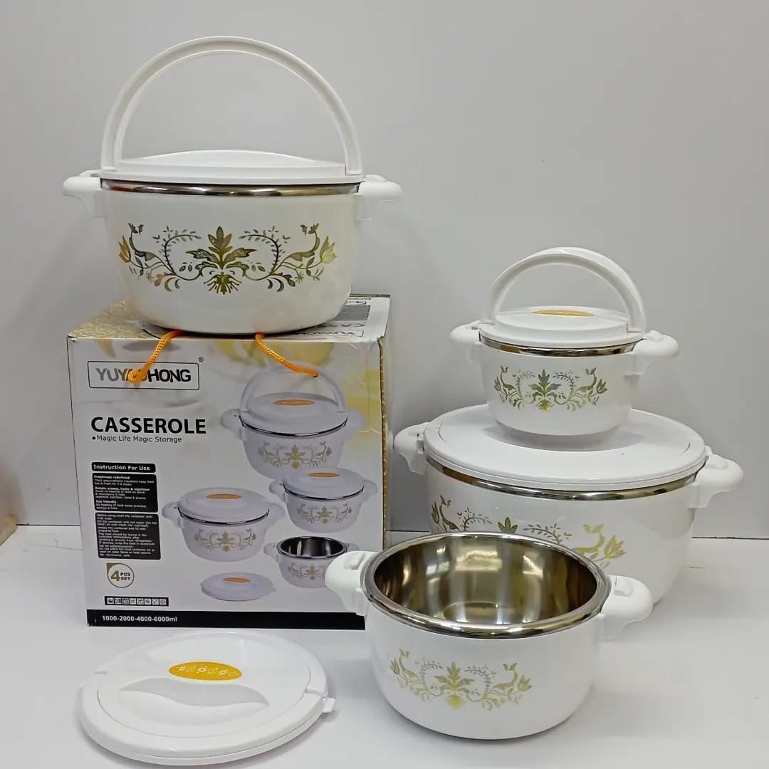 Casserole Stainless Steel Hotpot Set-4 Pcs. Keep your food hot and fresh for upto 6 Hours with this elegant and very stylish 4 Piece Food Warmer Server Hot Pot. They are insulated with tough, oduorles