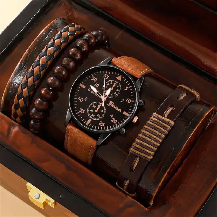 4pcs Set Men Watches Luxury Fashion Design Leather Watch Quartz Men's Watch Gift Montre Homme Relogio Masculino The quality of the whole network is first