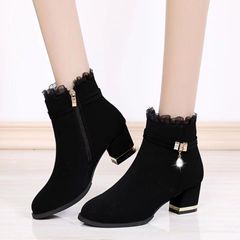 Girl Boots Women shoes Suede Lace decoration Recommend buy larger size Side zipper Jewelry decoration Office and business shoes 38 Black
