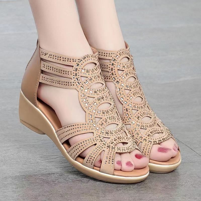 Summer Real Soft Pu Leather Roman Sandals Women's Chunky Heel 5cm Mom Shoes Fashion Outerwear Female Sandalia Wedge