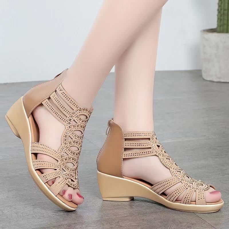 Summer Real Soft Pu Leather Roman Sandals Women's Chunky Heel 5cm Mom Shoes Fashion Outerwear Female Sandalia Wedge