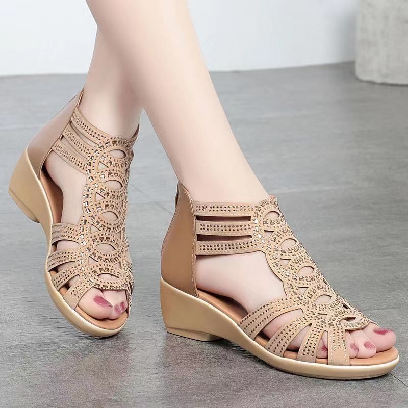 Summer Real Soft Pu Leather Roman Sandals Women's Chunky Heel 5cm Mom Shoes Fashion Outerwear Female Sandalia Wedge