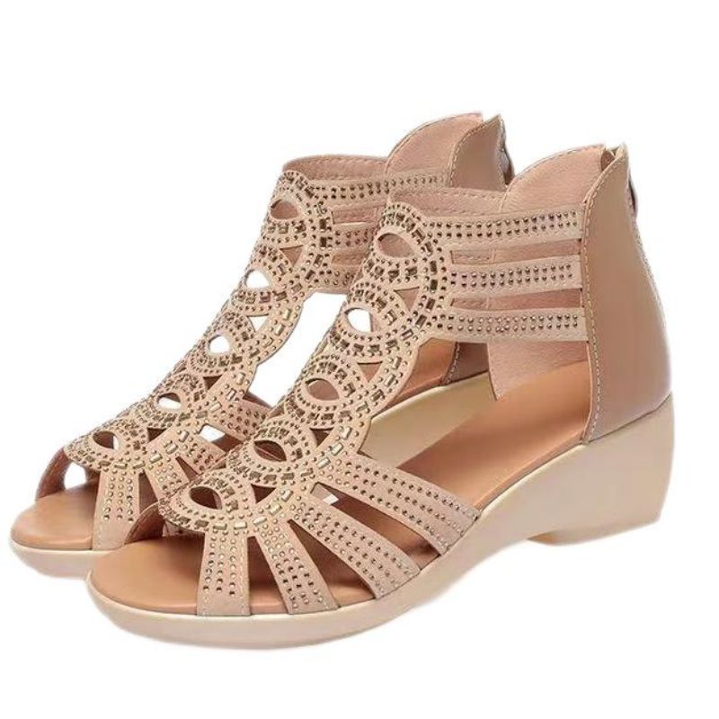 Summer Real Soft Pu Leather Roman Sandals Women's Chunky Heel 5cm Mom Shoes Fashion Outerwear Female Sandalia Wedge