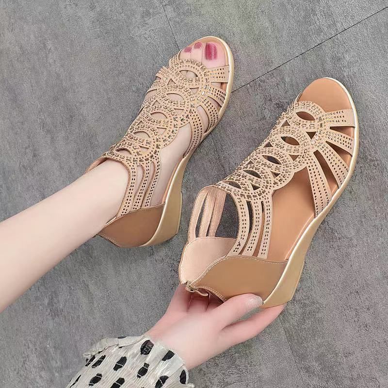 Summer Real Soft Pu Leather Roman Sandals Women's Chunky Heel 5cm Mom Shoes Fashion Outerwear Female Sandalia Wedge