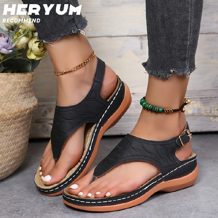 Women's Wear-Resistant Non-Slip Solid Color Embroidered Plus-Size Sandals With Clip Toe