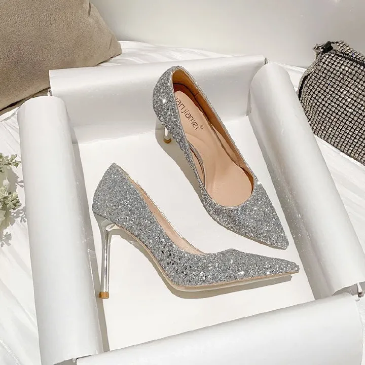 9 cm Heels Niche Design Senior Sense New Spring And Autumn Glitter Xiu He Dress Chinese Wedding Shoes Bride High Heels Female Slim Heel Shoes