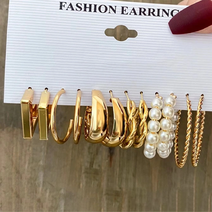 European And American Style Metal Earrings, Square Geometric Earrings, Vintage Pearl Earrings, Hepburn Style Earring Set, Valentine's Day Gift Collection Attractive Earrings for Girlfrien6-Piece Set