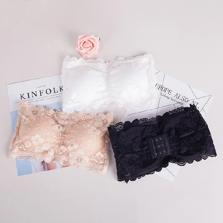 3PC Women’s Lace Chest Pad Lingerie Wipe Back Bra Strapless Underwear Girl Wipe Thoracic Ladies Bra Lace Soft Fabric  Stretch Wrap Chest Girls' Comfort Underwea