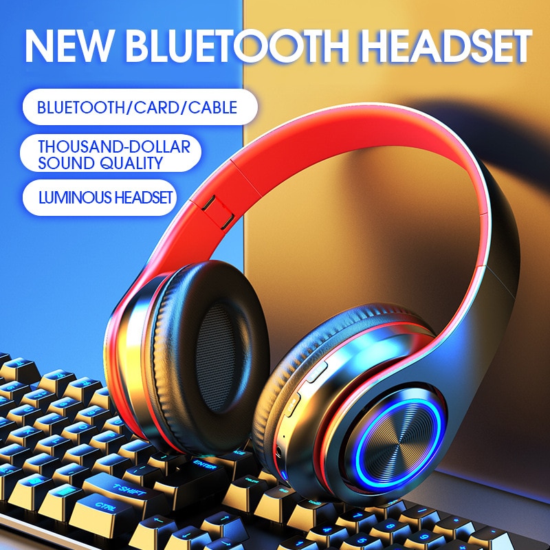 Headphones Wireless Bluetooth Headset Color Luminous Card Plugged into Game Music Sports Support Mobile Computer Black plus red