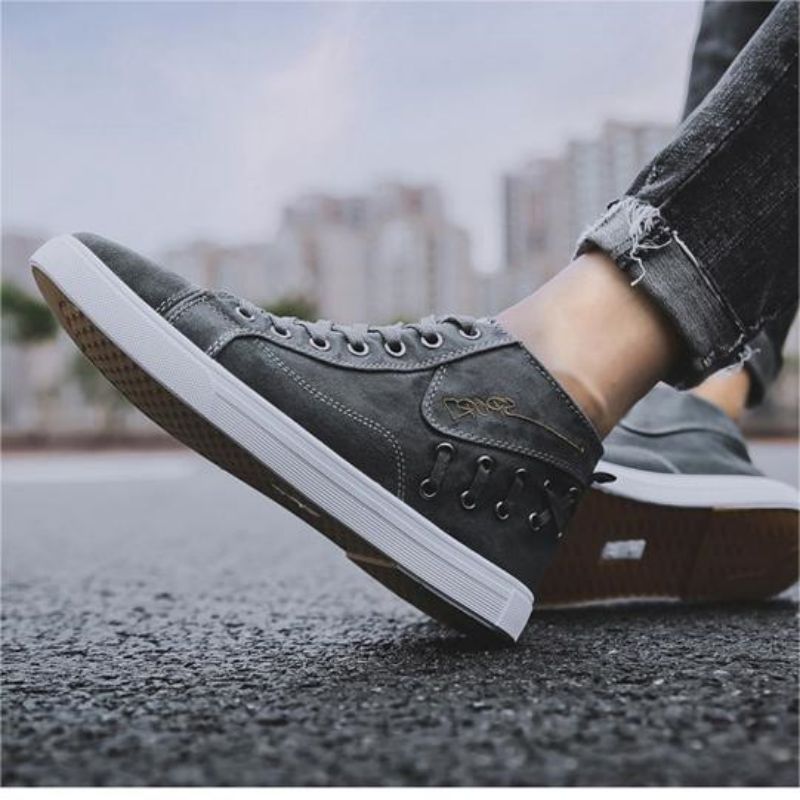 High Top Grey Canvas Flat Round Head Textile Injection Molded Shoes Casual All-Match Sneakers Breathable Deodorant Cowboy Shoes For Men