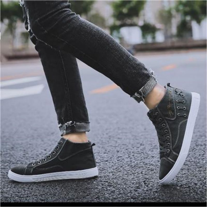 High Top Grey Canvas Flat Round Head Textile Injection Molded Shoes Casual All-Match Sneakers Breathable Deodorant Cowboy Shoes For Men