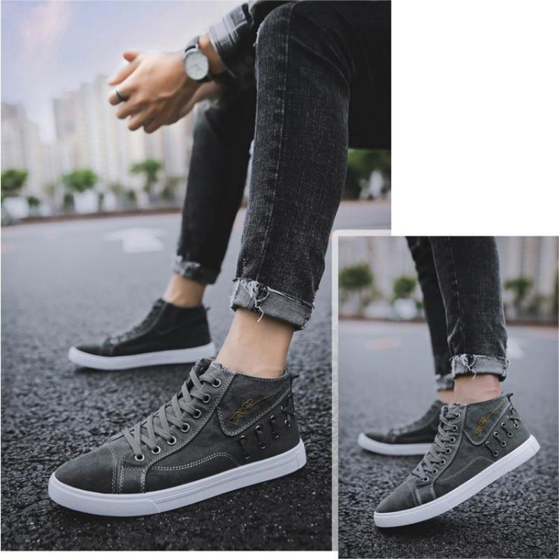 High Top Grey Canvas Flat Round Head Textile Injection Molded Shoes Casual All-Match Sneakers Breathable Deodorant Cowboy Shoes For Men