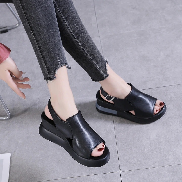 Heels Sandals Thick Sole Slope Heel Sandals For Women 2023 New Summer High Heel Fish Mouth Women's Shoe Soft Leather Heightened Matsuke Shoes