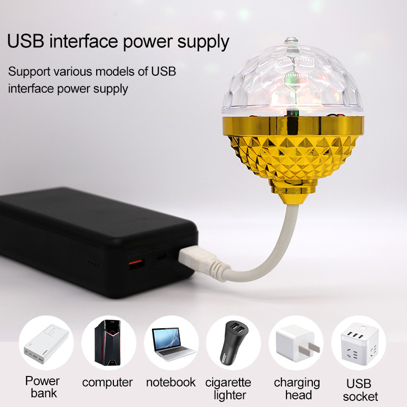 360° Rotating Disco Ball Light Golden Self-propelled Light Automatic Color Change USB Interface Power Supply KTV Bar Family Night Light Atmosphere Small