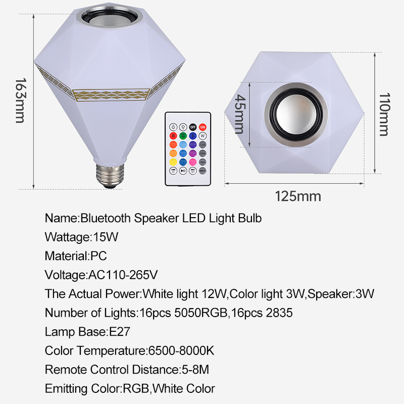 Diamond-shaped Speaker LED Bulbs Remote Control Symphony RGB Lighting Connected To Bluetooth Can Play Music E27 15W Atmosphere Light Bar KTV Bedroom Living Room