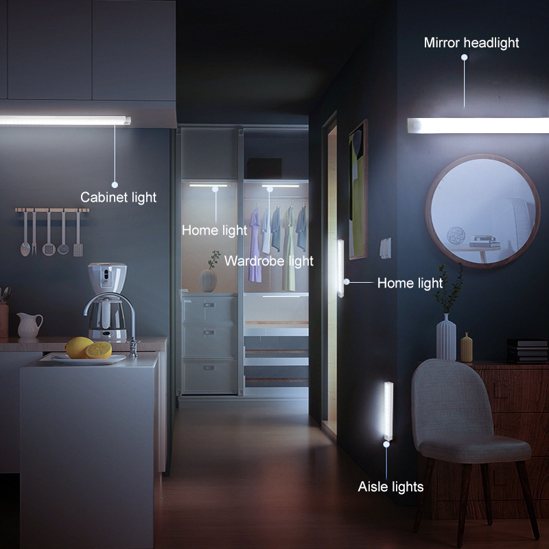 LED Human Body Induction Night Light Wall Lamp Strip USB Charging Wireless Bedside Wardrobe Bedroom Corridor Magnet Installation White Light Heating Cabinet