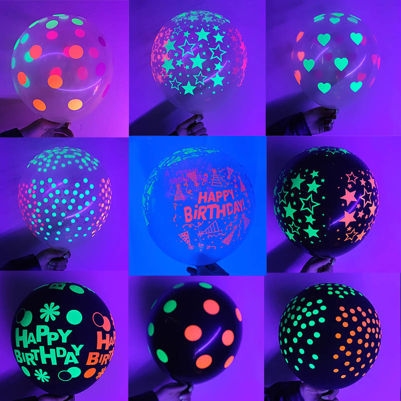 Balloons 10pcs 12inch UV Neon Glow Latex Balloons Happy Birthday Fluorescent Luminous Helium Balloons Black Light Glow Party Supplies