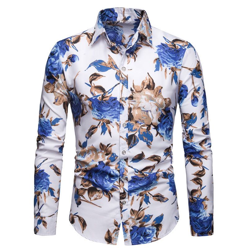 Shirts Spring Autumn Men'S Long-Sleeved Floral Shirt Cross-Border Large Size Lapel Slim Shirt Non-Ironing Casual Men'S Wear