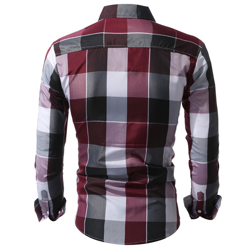 Shirts Men'S Long-Sleeved Plaid Shirt Simple Personality Style Lapel Large Size Slim-Fit Free Ironing Casual