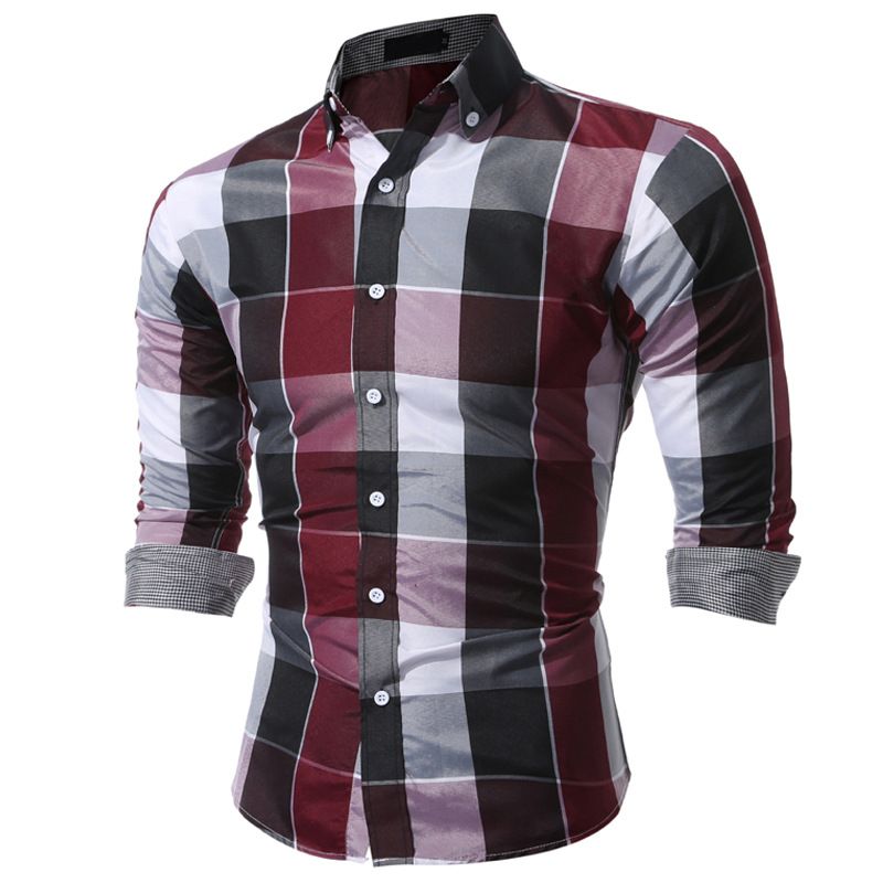 Shirts Men'S Long-Sleeved Plaid Shirt Simple Personality Style Lapel Large Size Slim-Fit Free Ironing Casual