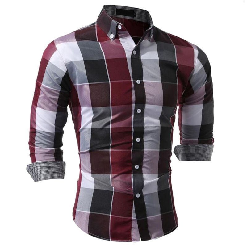 Shirts Men'S Long-Sleeved Plaid Shirt Simple Personality Style Lapel Large Size Slim-Fit Free Ironing Casual