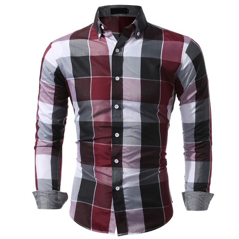 Shirts Men'S Long-Sleeved Plaid Shirt Simple Personality Style Lapel Large Size Slim-Fit Free Ironing Casual