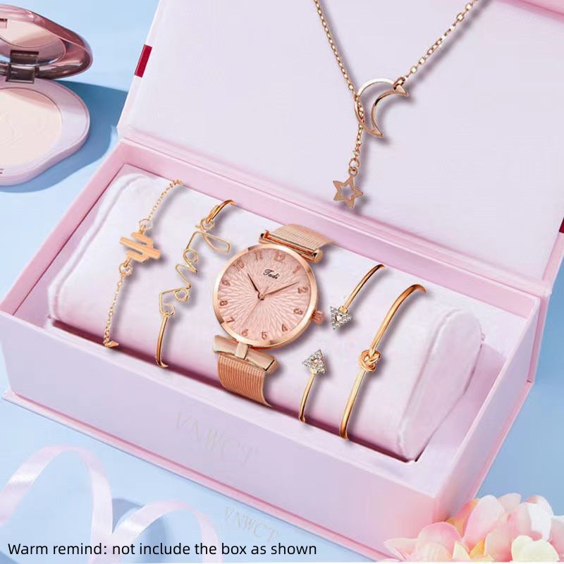 6 Pcs/set Women's watch Bracelet Necklace Suit Simple Fashion Watch Bow Women's Quartz Watch Jewelry Gifts