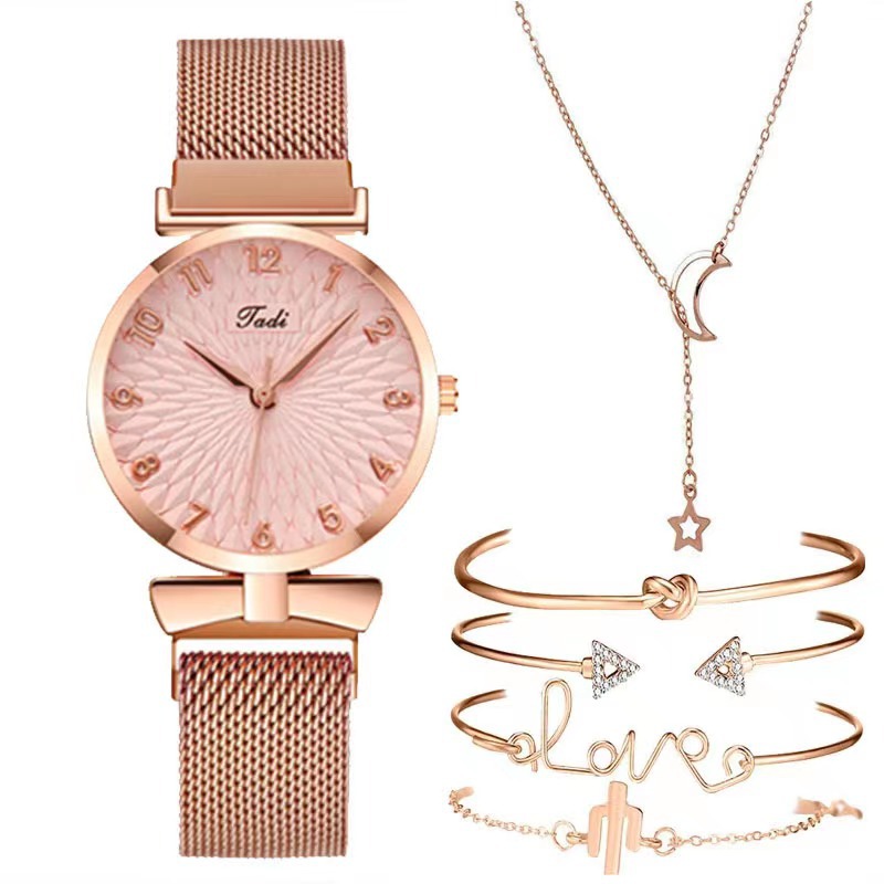 6 Pcs/set Women's watch Bracelet Necklace Suit Simple Fashion Watch Bow Women's Quartz Watch Jewelry Gifts