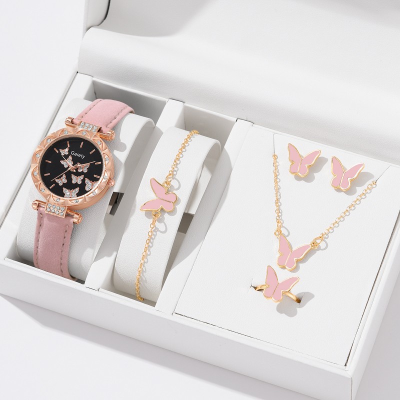 5-Piece Women's Watch Bracelet Necklace Ring Earrings Set Fashion Personality Simple Watch Butterfly Digital Leather Watch