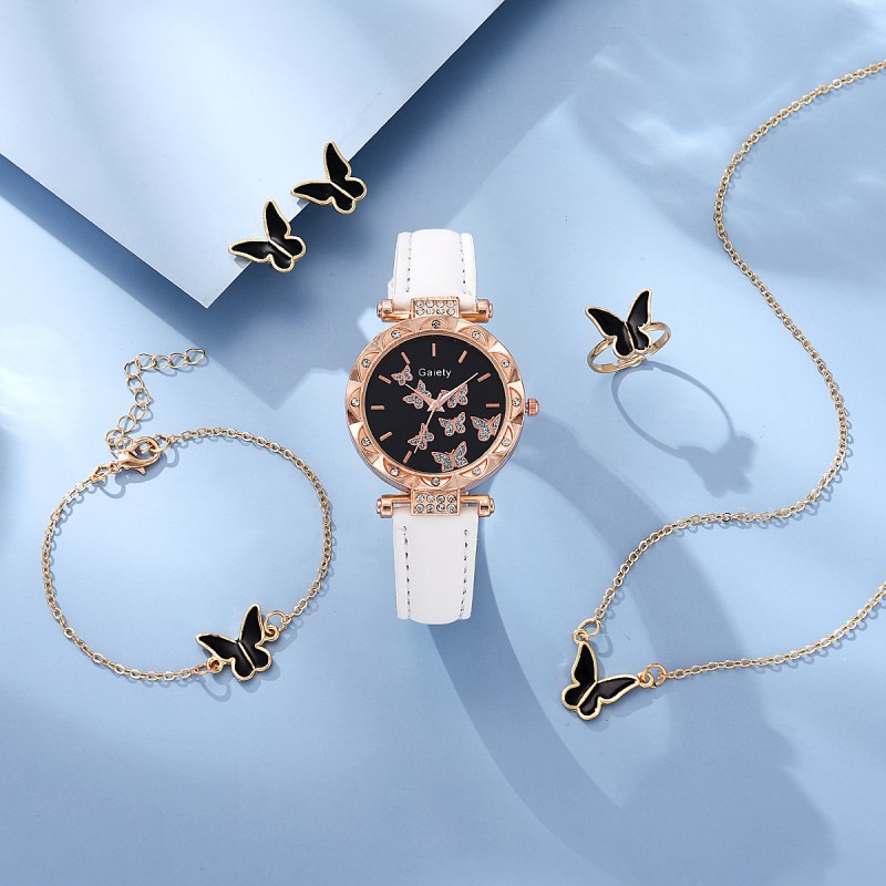 5-Piece Women's Watch Bracelet Necklace Ring Earrings Set Fashion Personality Simple Watch Butterfly Digital Leather Watch