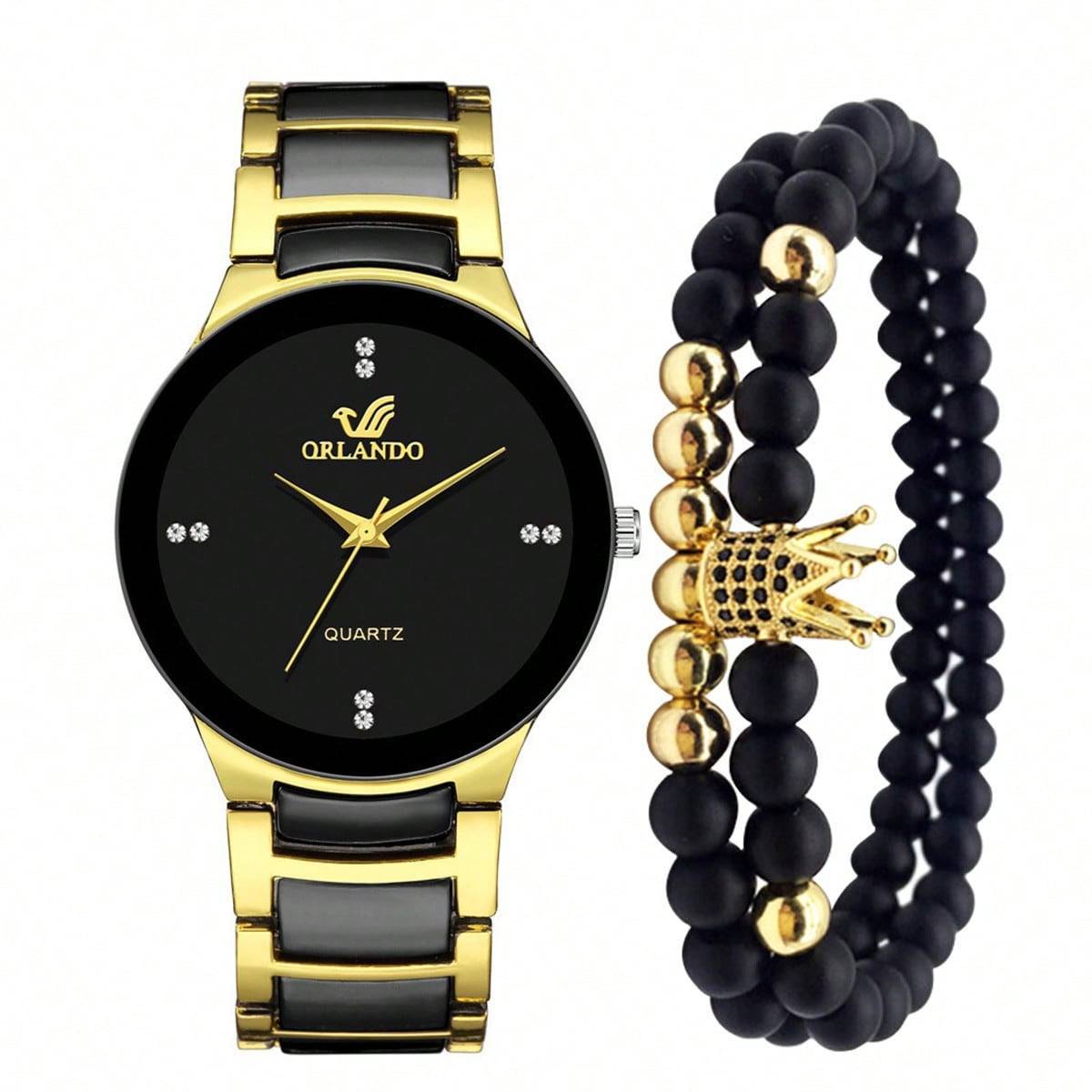 Men's watch set Men's Fashion Business steel band dial Quartz watch Crown beaded bracelet Black