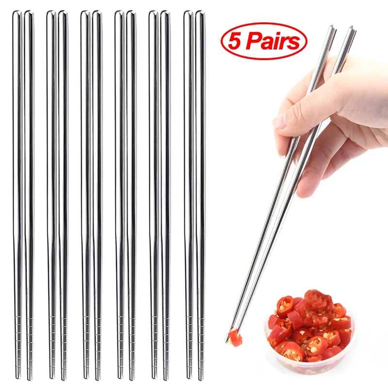 5Pairs Stainless Steel Chopsticks Reusable Non-slip Sushi Chopstick Korean Japanese Food Metal Sticks Kitchen Tableware Set Silver,5 Pairs