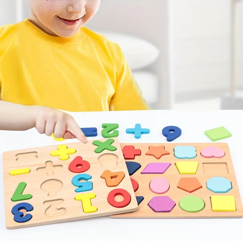 Toy Children's English Early Education Jigsaw Puzzle Shape Wooden Digital Letter Geometric Figure Building Block Hand Grab Board