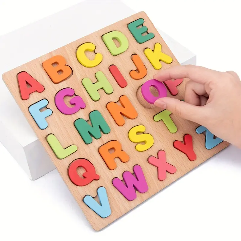 Toy Children's English Early Education Jigsaw Puzzle Shape Wooden Digital Letter Geometric Figure Building Block Hand Grab Board