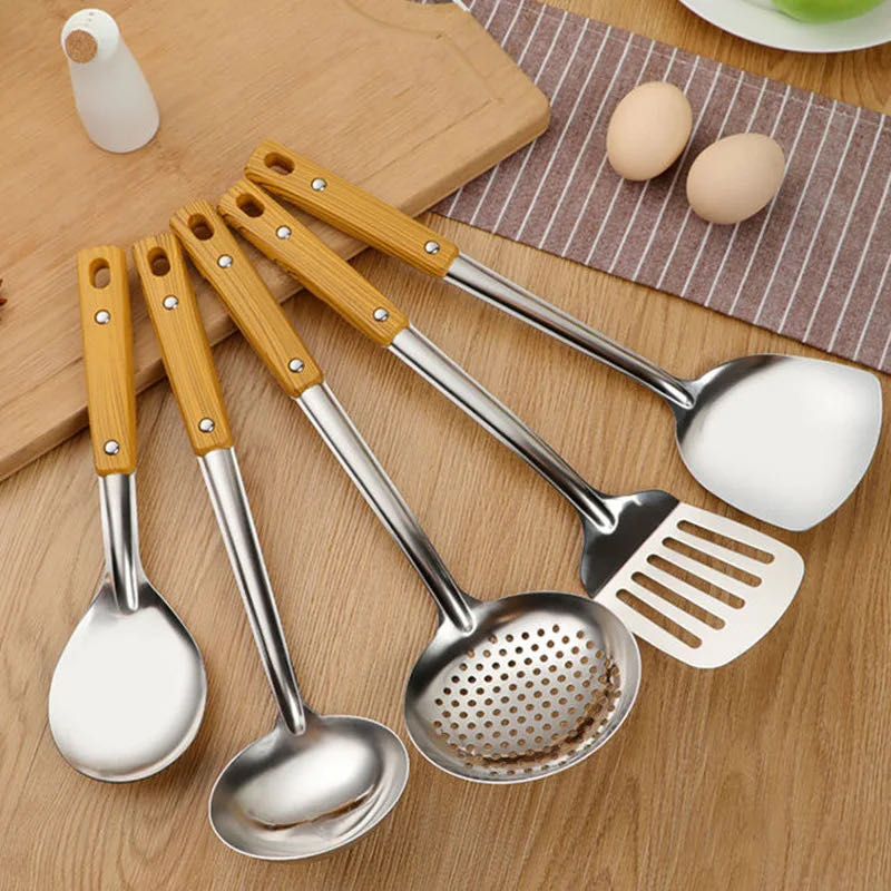 5 PCS/Set Premium Kitchen Thickened Stainless Steel Cooking Utensils with Wooden Handle Spatulas Rice Soup Spoon Frying Shovel Colanders Cookware FBK