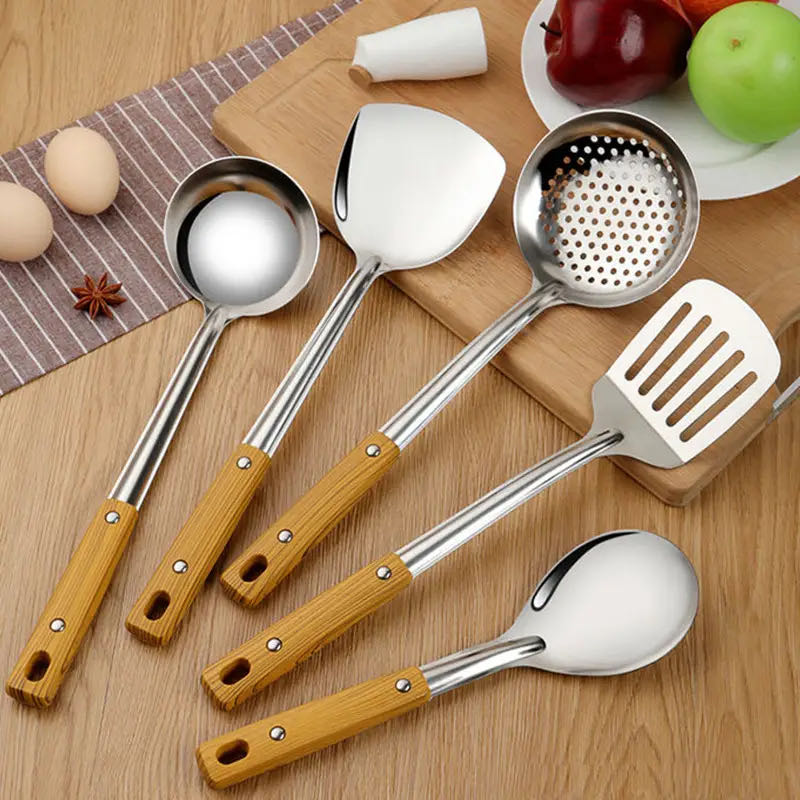 5 PCS/Set Premium Kitchen Thickened Stainless Steel Cooking Utensils with Wooden Handle Spatulas Rice Soup Spoon Frying Shovel Colanders Cookware FBK