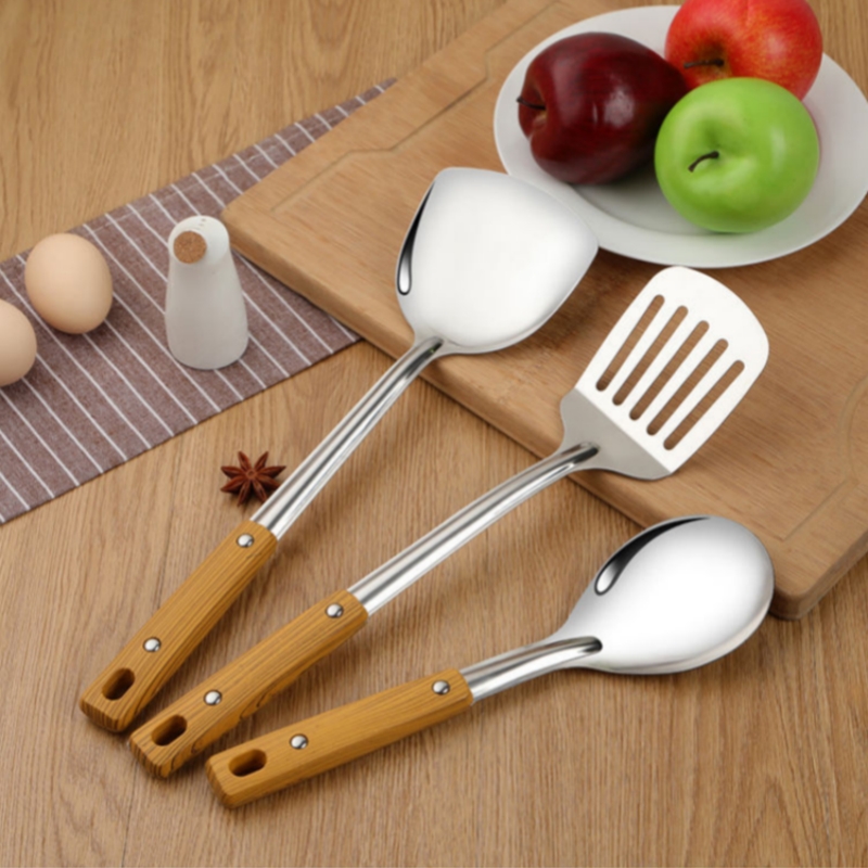 5 PCS/Set Premium Kitchen Thickened Stainless Steel Cooking Utensils with Wooden Handle Spatulas Rice Soup Spoon Frying Shovel Colanders Cookware FBK