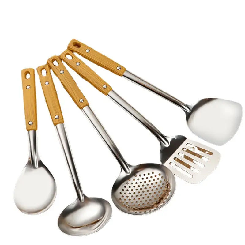 5 PCS/Set Premium Kitchen Thickened Stainless Steel Cooking Utensils with Wooden Handle Spatulas Rice Soup Spoon Frying Shovel Colanders Cookware FBK