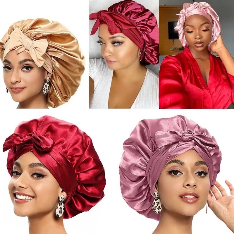 New Large Satin Bonnet Silk Satin Hair Bonnet For Sleeping Night Cap With Stretchy Tie Band Edge Scarf Wrap For Braid Hair