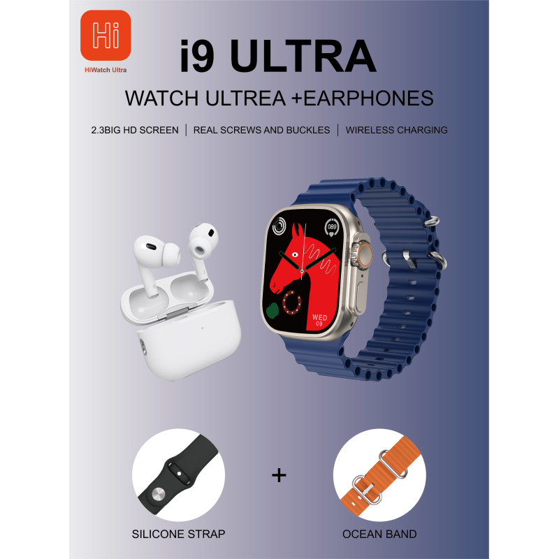 3 in 1 Smart Watch i9 Ultra Earphone 2 Straps Blood Oxygen Bluetooth Call Wireless Charger Digital Smartwatches VS T900 Ultra
