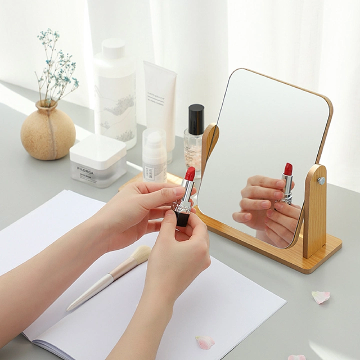 Simple wooden makeup mirror rotating desktop makeup mirror folding vanity mirror portable Large makeup Cosmetic mirror Cosmetic mirror