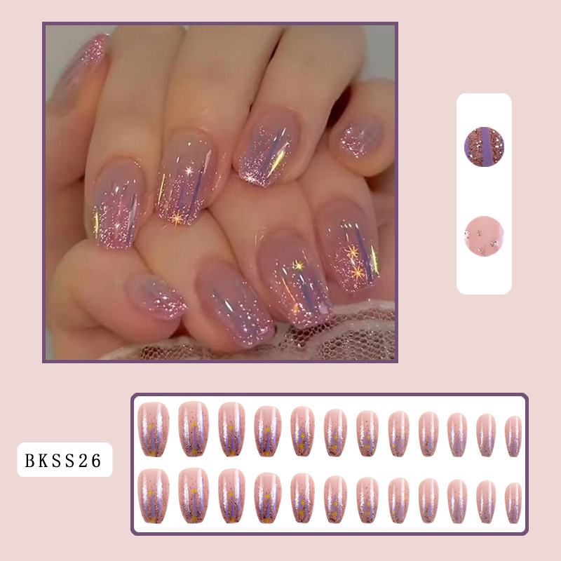 24pcs/Box False Nails Wear nails Europe and the United States semi-transparent gold glitter fake nail pieces finished wear nail patch manicure BKSS26