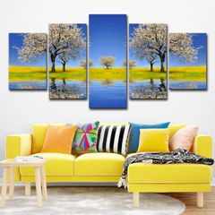 5 Piece Unframed Beautiful Tree Scenery  Picture Canvas Wall Art，Painting Frameless Canvas Prints for Living Room, Ready to Hang Only canvas painting, no frame 20*35cm*2+20*45cm*2+20*55cm*1 as pictu