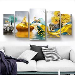 5 Piece Unframed Animal Deer scenery Picture Canvas Wall Art，Painting Frameless Canvas Prints for Living Room, Ready to Hang Only canvas painting, no frame 20*35cm*2+20*45cm*2+20*55cm*1 as picture