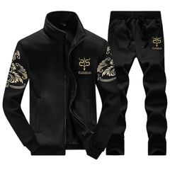Men Casual Embroidery Sets Men's Jacket + Pants Solid Suit Sportswear Fashion Tracksuit Set Male Brand Boy Clothing Two-Piece Outfits clothe M Black